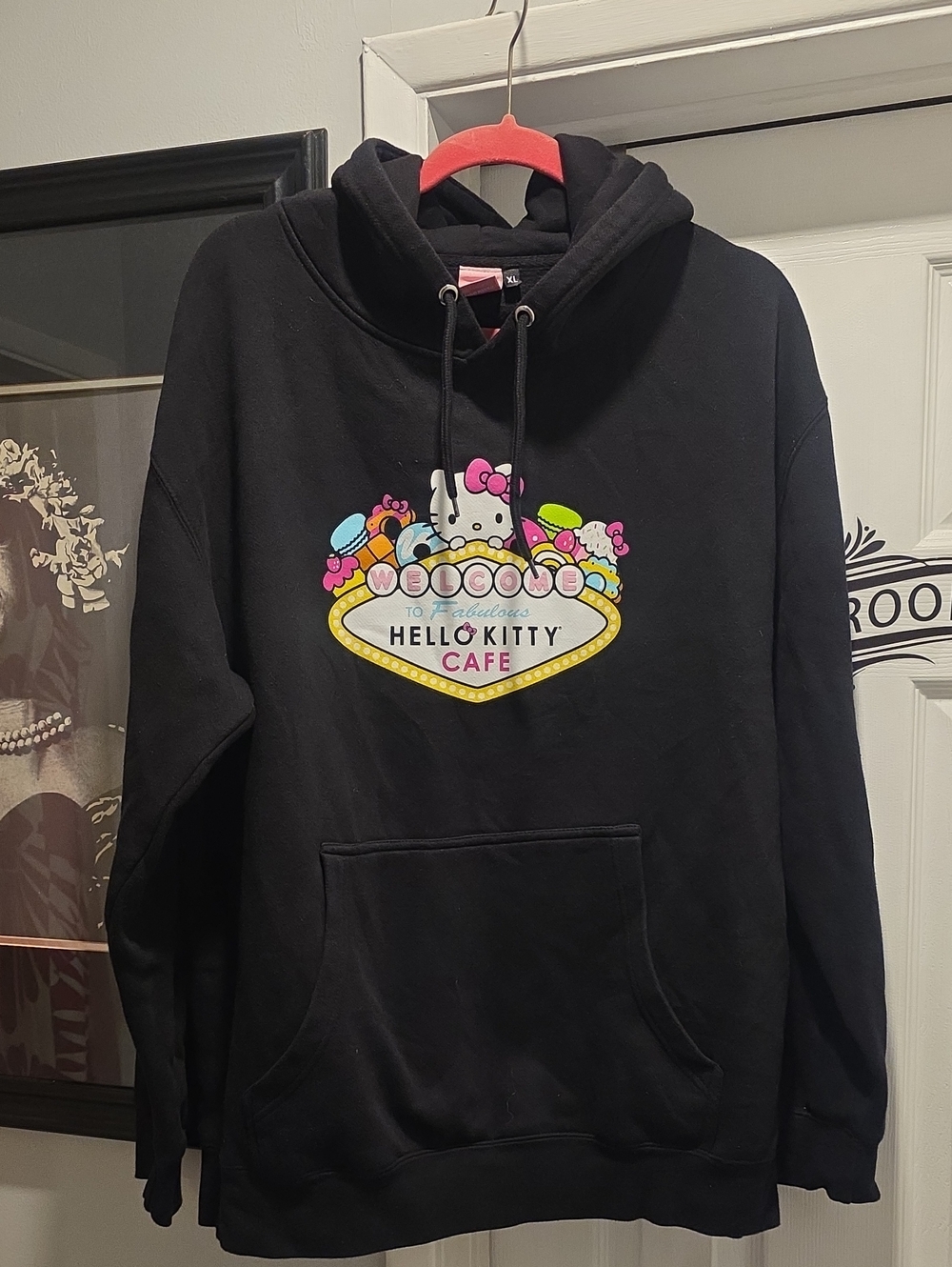 Hello Kitty Black Hoodie with Colorful Cafe Graphic
